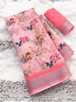 SJY Printed Assam Silk Linen Saree(Multicolor)
