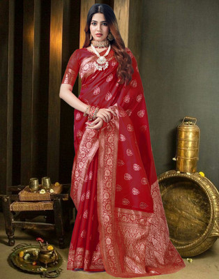 Samah Woven, Embellished, Self Design Banarasi Silk Blend Saree(Red, Gold)