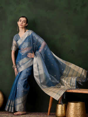 Sangria Woven Saree with Attached Blouse Organza Saree(Light Blue)
