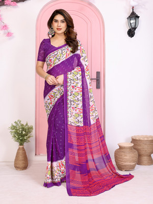 Anand Sarees Floral Print, Printed Saree with Attached Blouse Georgette Saree(Purple)
