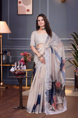 Aika Printed Bollywood Linen Saree(Grey)