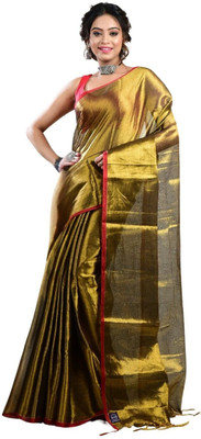 Shaw Creation Solid/Plain Handloom Handloom Tissue Saree(Gold)