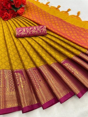 Julee Woven Banarasi Cotton Silk Saree(Yellow)