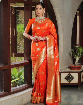 Samah Woven, Embellished Banarasi Silk Blend, Jacquard Saree(Orange)