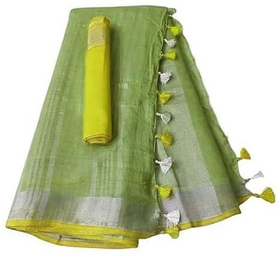 HAIDER ALI AND SONS Solid/Plain Handloom Cotton Linen Saree(Green)