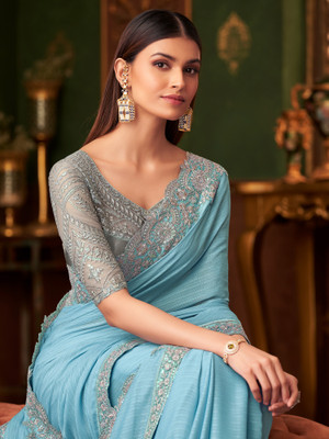 Sareemall Embellished Bollywood Georgette Saree(Light Blue)
