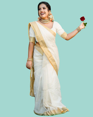 shree laxmi Woven Kasavu Pure Cotton Saree(White)