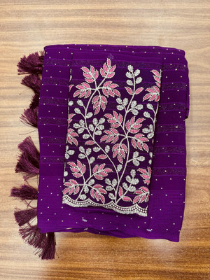 I KHODAL MATA Embroidered, Floral Print, Embellished, Self Design Bollywood Georgette Saree(Purple)