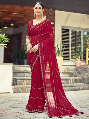 HouseOfCommon Striped Bollywood Georgette Saree(Red, Silver)