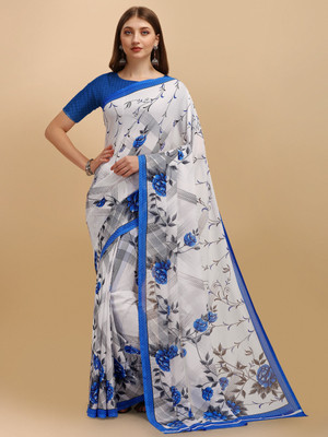 Leelavati Floral Print Bollywood Georgette Saree(White, Blue)