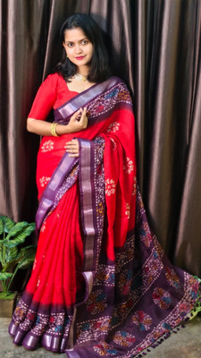 Suto Printed, Floral Print Bandhani Linen Saree(Red, Purple)