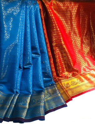 rgsaree Self Design Banarasi Silk Blend, Satin Saree(Light Blue)