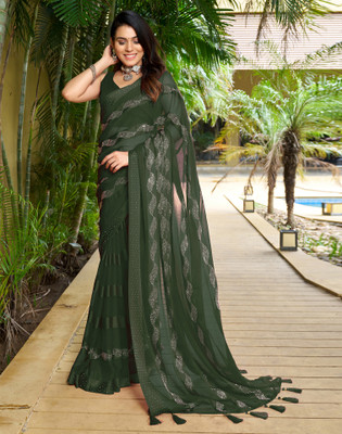 Satrani Dyed, Embellished Bollywood Chiffon Saree(Green)