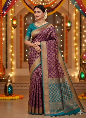 LOKAVANYA Printed Banarasi Cotton Silk Saree(Blue)