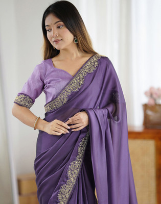 Satrani Embroidered Bollywood Silk Blend Saree(Purple)