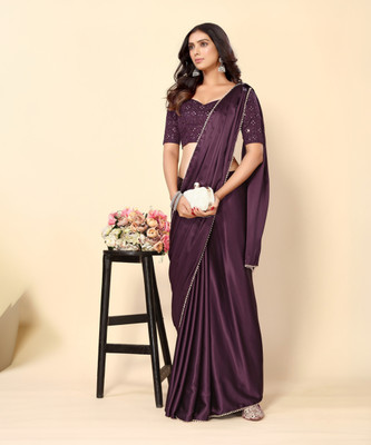 AVANSHEE Self Design, Solid/Plain, Embellished Bollywood Satin Saree(Purple)