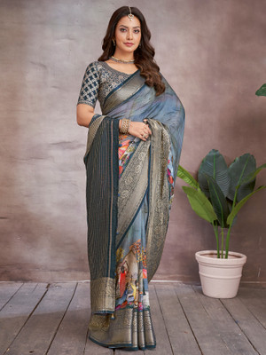 Tasrika Printed Banarasi Viscose Rayon Saree(Blue)