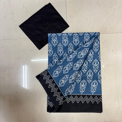 JANKI RAVI Printed Daily Wear Pure Cotton Saree(Dark Blue, Black)