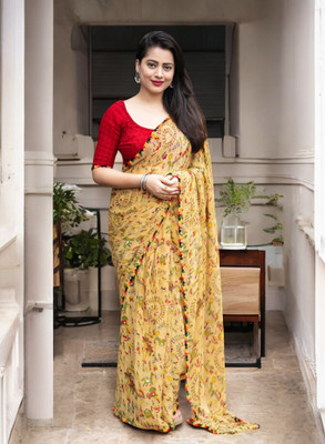 Divastri Printed Bollywood Georgette Saree(Cream, Yellow, Red, Green)