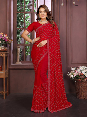 LeeliPeeri Designer Embellished Bollywood Georgette Saree(Red)