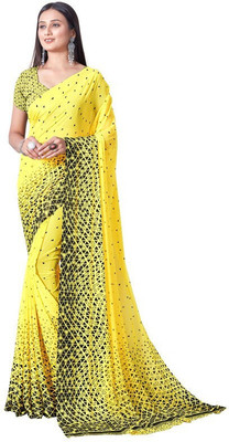 NEWOMDESIGNER Printed Bollywood Georgette Saree(Yellow)