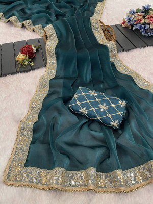 NETRA BOUTIQUE Solid/Plain, Embellished Bollywood Organza Saree(Dark Green)