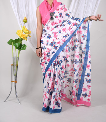 Threadier Printed Bollywood Pure Cotton Saree(White)