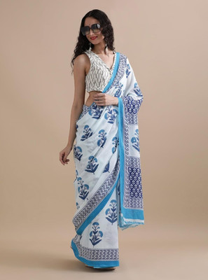 VastraNest Hand Painted Daily Wear Cotton Blend Saree(Blue, White, Multicolor)