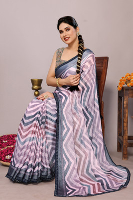 MIRCHI FASHION Printed, Striped Leheria Chiffon, Brasso Saree(Pink, Brown, Grey)