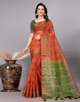 Samah Woven, Embellished, Self Design Kanjivaram Jacquard, Cotton Silk Saree(Red, Dark Green, Multicolor)