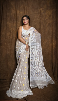 Anjalisharee Printed Jamdani Art Silk Saree(Grey)