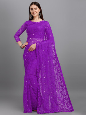 LOROFY Self Design Bollywood Net Saree(Purple)