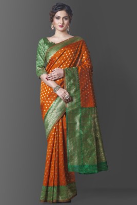 GRIVA HUB Woven Kanjivaram Jacquard Saree(Green, Orange)