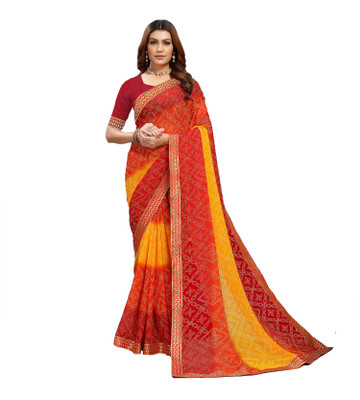 Kanooda Prints Printed Bandhani Georgette Saree(Multicolor)