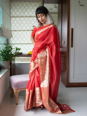 Suta Self Design Handloom Pure Cotton Saree(Red)