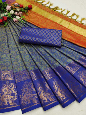 Fancy Fab Self Design Dharmavaram Cotton Silk Saree(Blue)