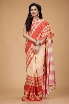 ADbutiq Color Block Tant Handloom Cotton Blend Saree(White)
