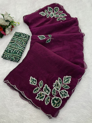 BELLETRENDZ Embroidered Bollywood Chiffon Saree(Maroon)