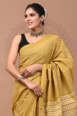 Taavi Blocked Printed Kota Doria Mulmul Saree(Mustard)