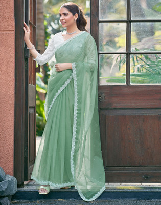 SIRIL Embellished Bollywood Net Saree(Green)