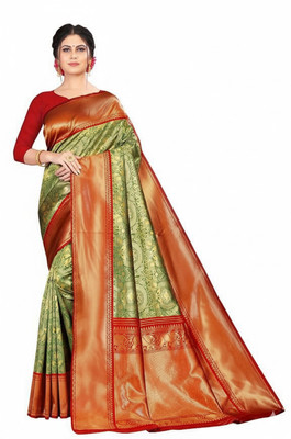 Dhyani Weaves Woven, Printed Kanjivaram Cotton Silk Saree(Green, Orange)