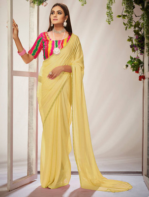 Sareez House Solid/Plain Bollywood Chiffon Saree(Yellow)