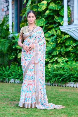 Moda Rapido Printed Daily Wear Cotton Linen Saree(Multicolor)