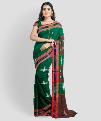 Auora Digital Print Sambalpuri Handloom Cotton Blend Saree(Green, Brown)
