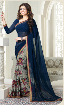 Hensi sarees shop Printed, Solid/Plain Kovai Georgette, Art Silk Saree(Blue)