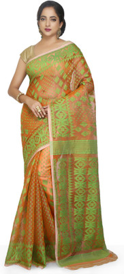 BENGAL HANDLOOM Woven Jamdani Cotton Silk Saree(Orange)