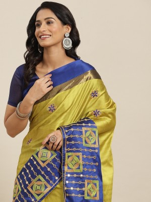 Divastri Embroidered Bollywood Cotton Silk Saree(Yellow, Blue)