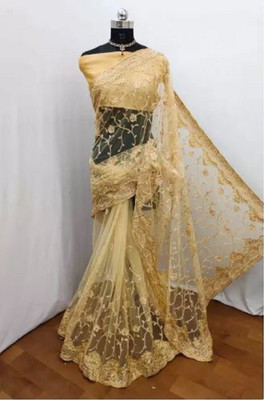 ZIVANTIX Embroidered Bollywood Net Saree(Gold)