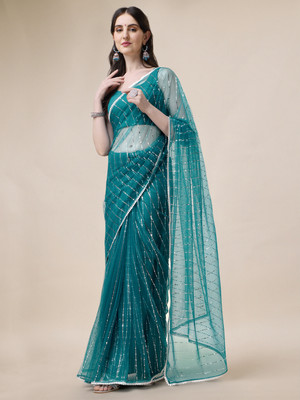 Sangria Embellished Daily Wear Net Saree(Green)