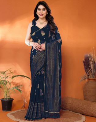 Samah Printed, Embellished Bollywood Georgette, Chiffon Saree(Blue)